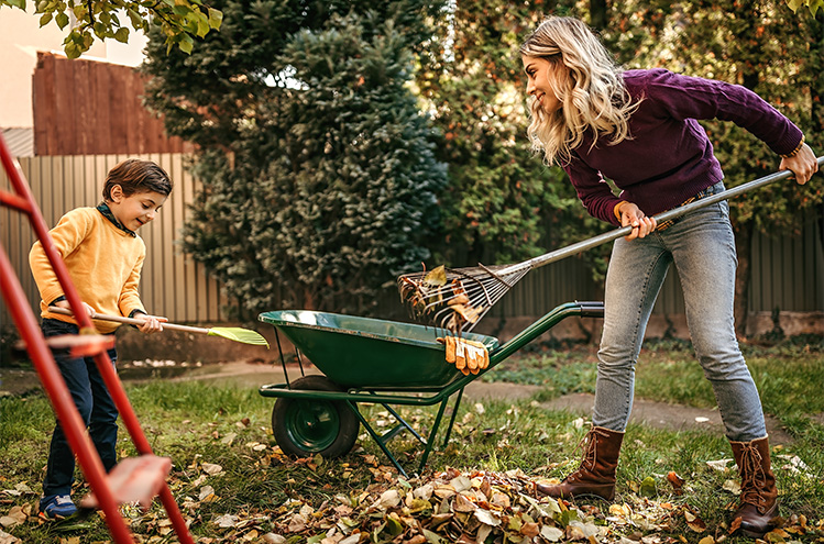 Woman and boy in a yard, holding rakes as they pile leaves into a wheelbarrow