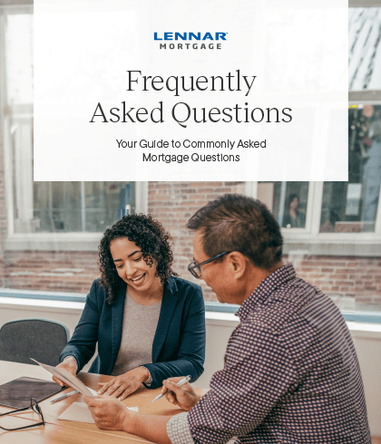 Young woman reviewing documnet with Advisor with text showing Lennar Mortgage's Frequently Asked Questions Guide 