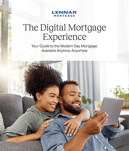 Young couple on couch completing pre-qualification on tablet with text showing Lennar Mortgage's Digital Mortgage Experience 